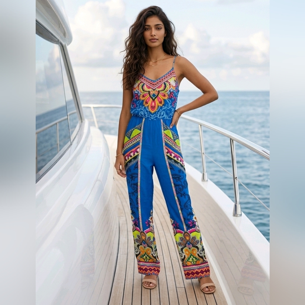 Flying Tomato Blue Aztec Print Sleeveless Jumpsuit Small Festival Boho Bold Chic